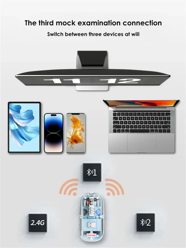 GearUP WM30 Transparent Crystal 2.4G + Bluetooth Magnetic Wireless Mouse- White Color - Image 2